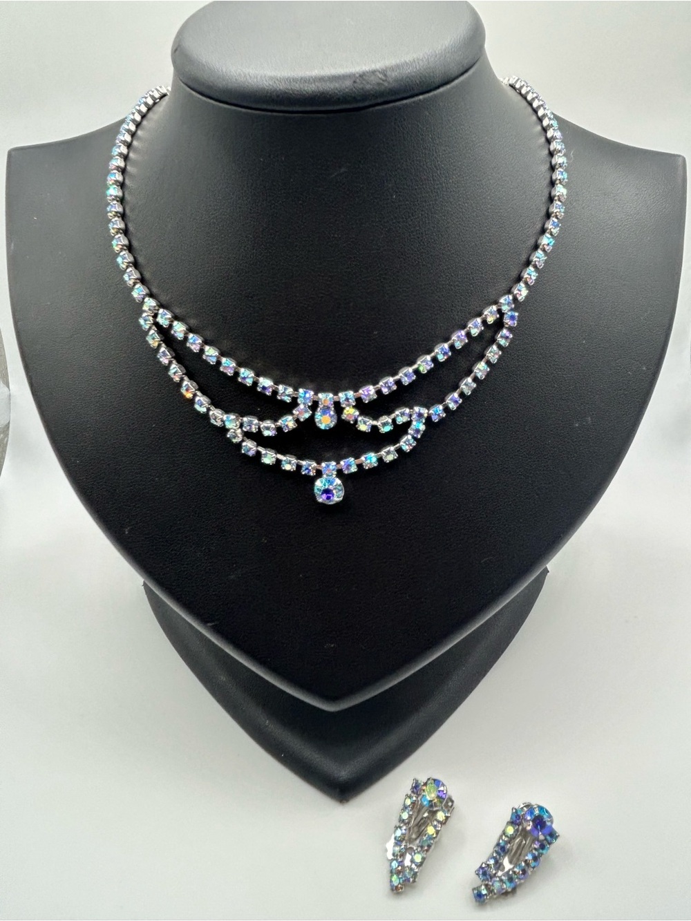 Vintage AB rhinestone necklace and clip earrings